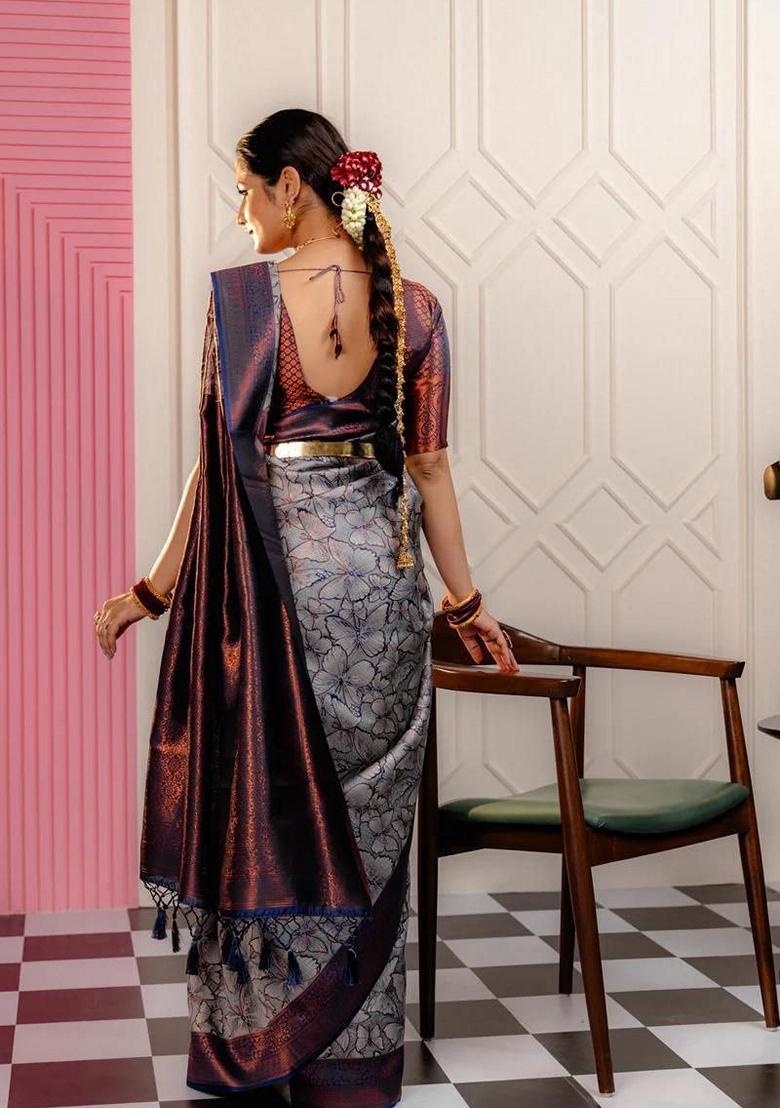 Multicolour Zari Jacquard Banarasi Soft Silk Saree Set