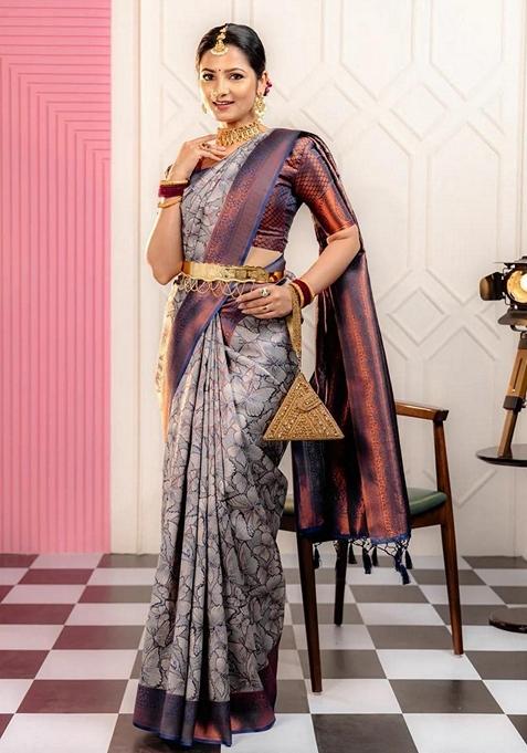 Multicolour Zari Jacquard Banarasi Soft Silk Saree Set