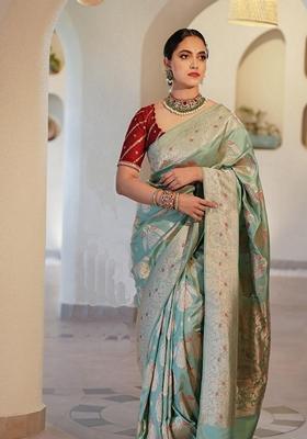 Light Green Zari Woven Banarasi Soft Silk Saree Set