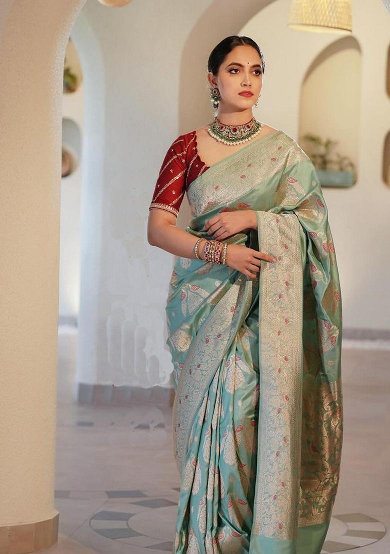 Light Green Zari Woven Banarasi Soft Silk Saree Set