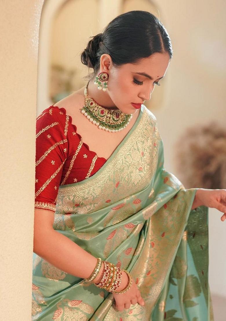 Light Green Zari Woven Banarasi Soft Silk Saree Set