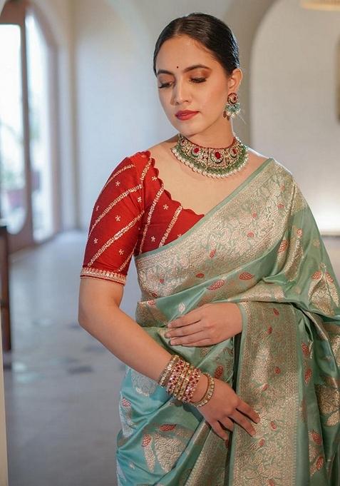 Light Green Zari Woven Banarasi Soft Silk Saree Set