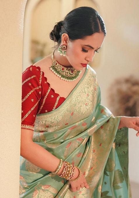 Light Green Zari Woven Banarasi Soft Silk Saree Set