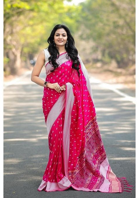 Pink Zari Woven Banarasi Soft Silk Saree Set