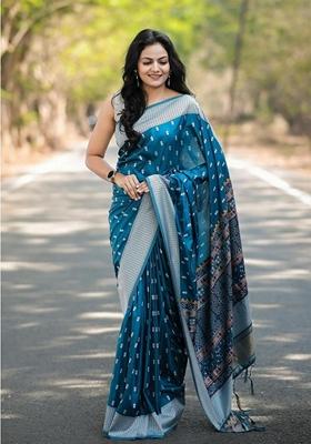 Blue Zari Woven Banarasi Soft Silk Saree Set