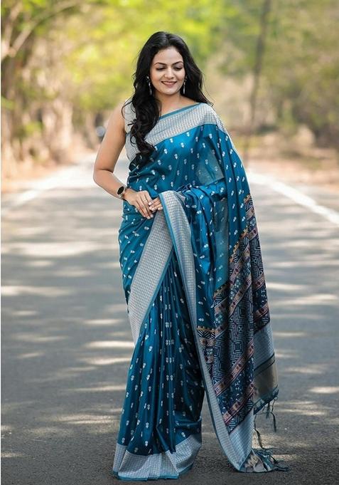 Blue Zari Woven Banarasi Soft Silk Saree Set