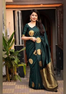 Dark Green Zari Woven Banarasi Soft Silk Saree Set
