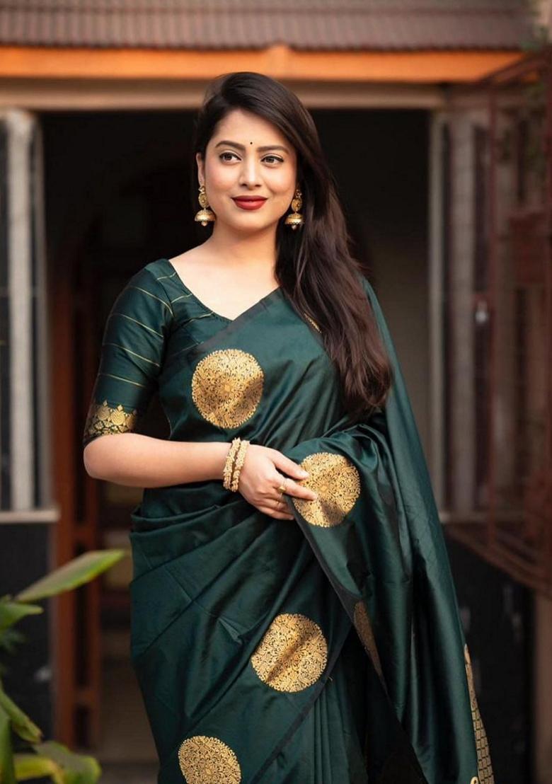 Dark Green Zari Woven Banarasi Soft Silk Saree Set