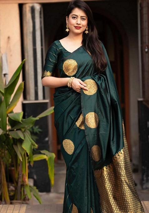 Dark Green Zari Woven Banarasi Soft Silk Saree Set