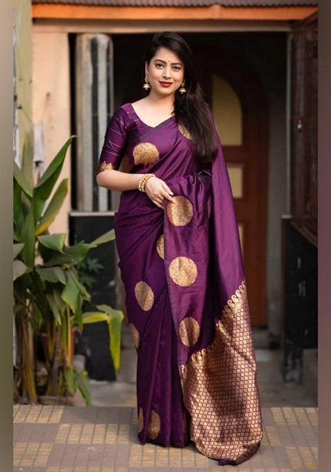 Purple Zari Woven Banarasi Soft Silk Saree Set