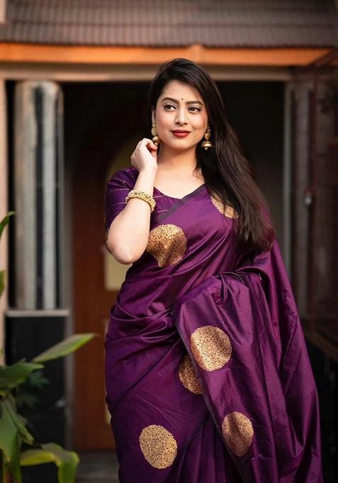 Purple Zari Woven Banarasi Soft Silk Saree Set