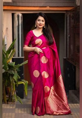 Rani Pink Zari Woven Banarasi Soft Silk Saree Set