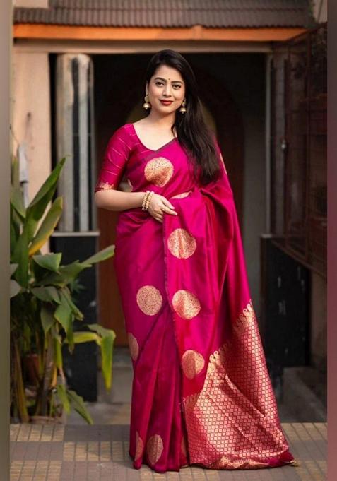 Rani Pink Zari Woven Banarasi Soft Silk Saree Set