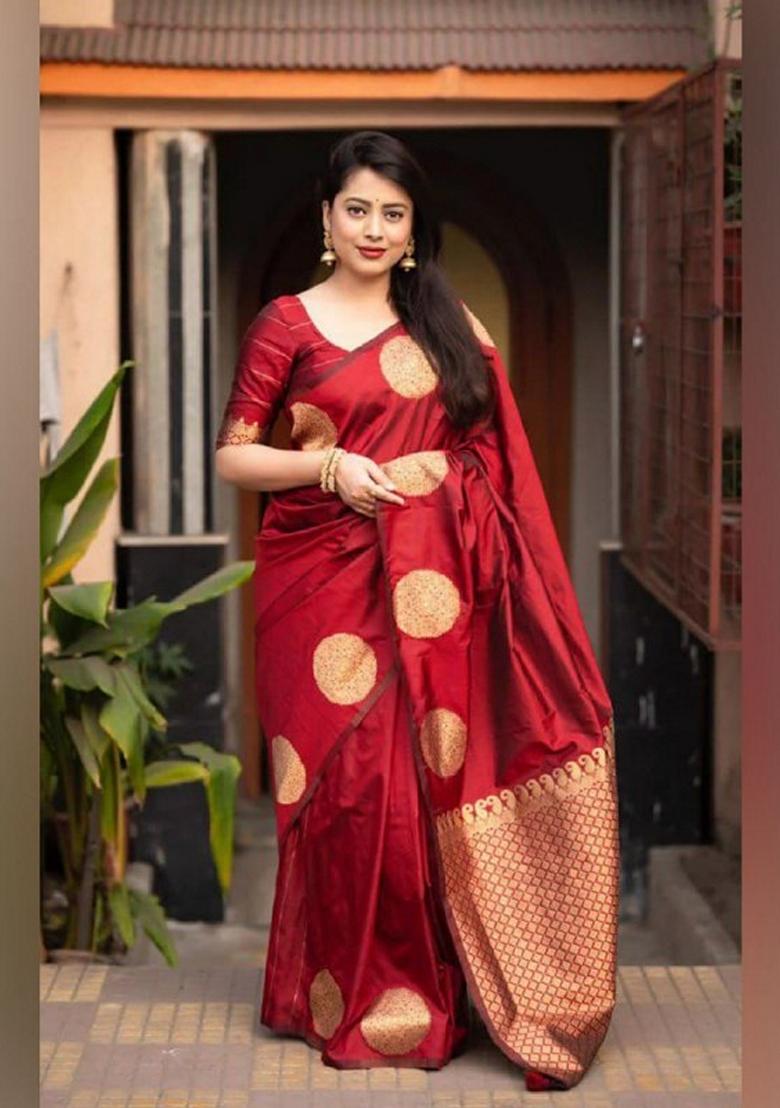 Red Zari Woven Banarasi Soft Silk Saree Set