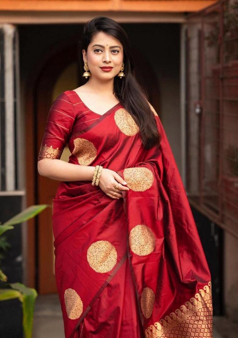 Red Zari Woven Banarasi Soft Silk Saree Set