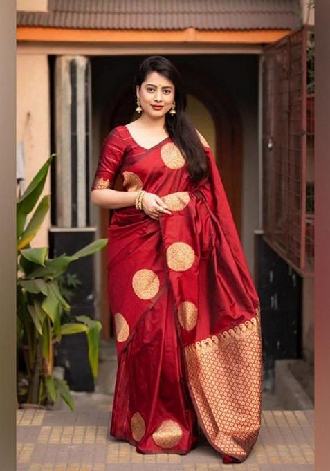 Red Zari Woven Banarasi Soft Silk Saree Set