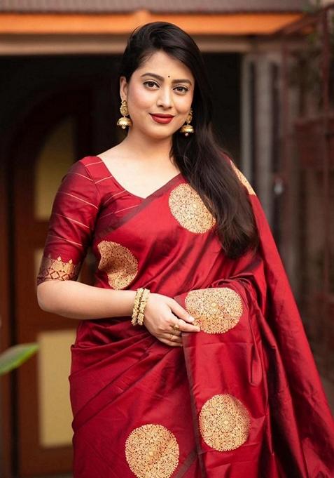 Red Zari Woven Banarasi Soft Silk Saree Set