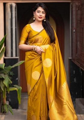 Yellow Zari Woven Banarasi Soft Silk Saree Set