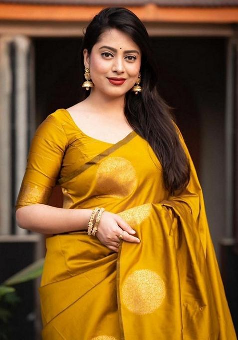 Yellow Zari Woven Banarasi Soft Silk Saree Set
