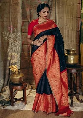 Black Gold Zai Woven Banarasi Soft Silk Saree Set