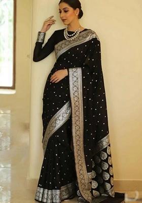 Black Gold Zai Woven Banarasi Soft Silk Saree Set