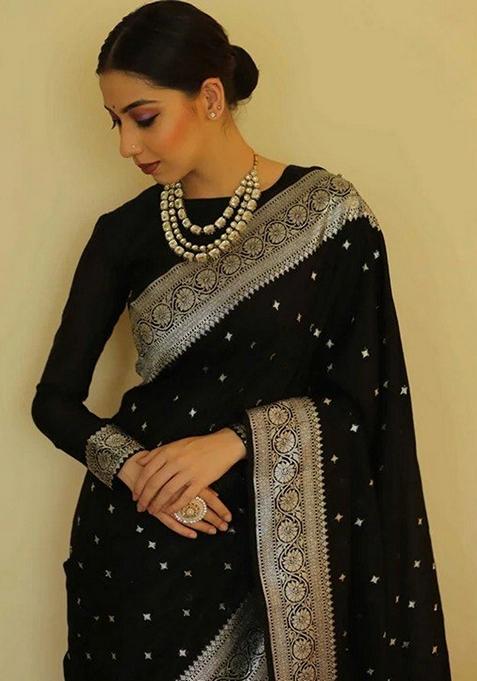 Black Gold Zai Woven Banarasi Soft Silk Saree Set