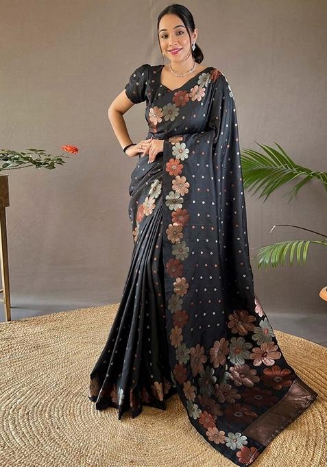 Black Gold Zai Woven Banarasi Soft Silk Saree Set