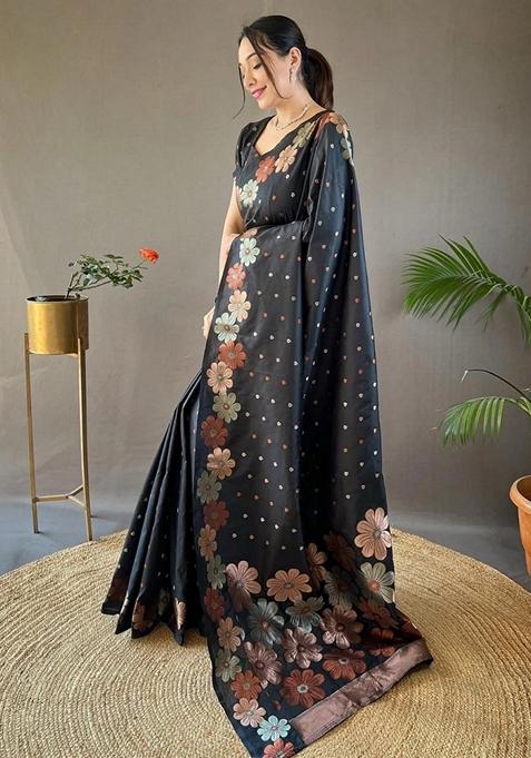 Black Gold Zai Woven Banarasi Soft Silk Saree Set