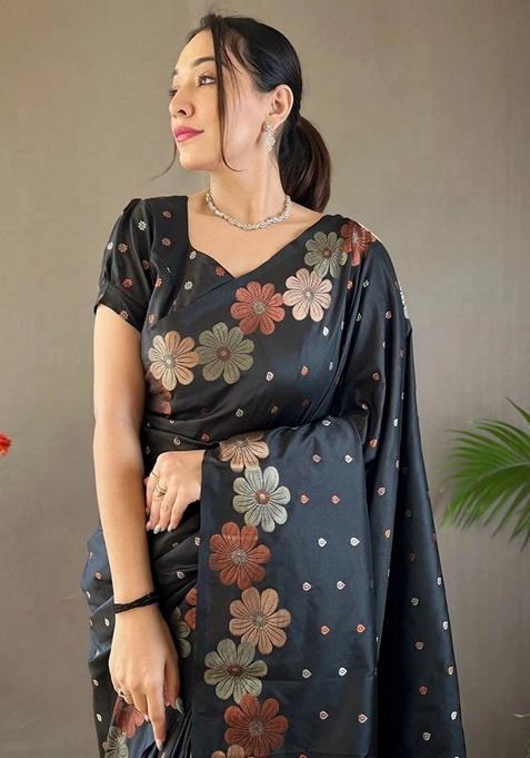 Black Gold Zai Woven Banarasi Soft Silk Saree Set