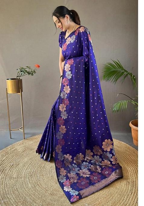 Blue Gold Zai Woven Banarasi Soft Silk Saree Set