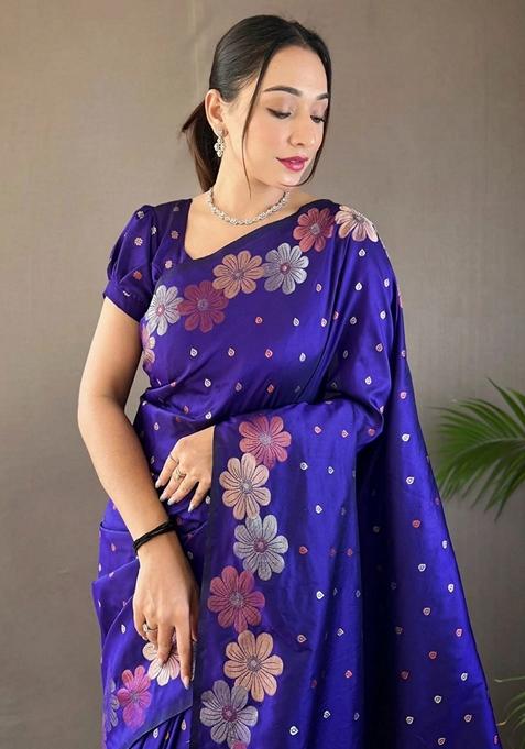 Blue Gold Zai Woven Banarasi Soft Silk Saree Set