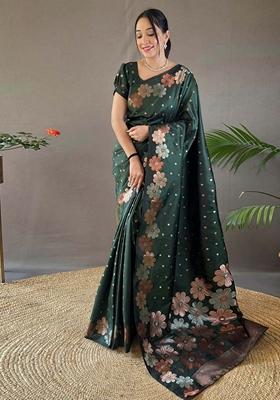 Dark Green Gold Zai Woven Banarasi Soft Silk Saree Set