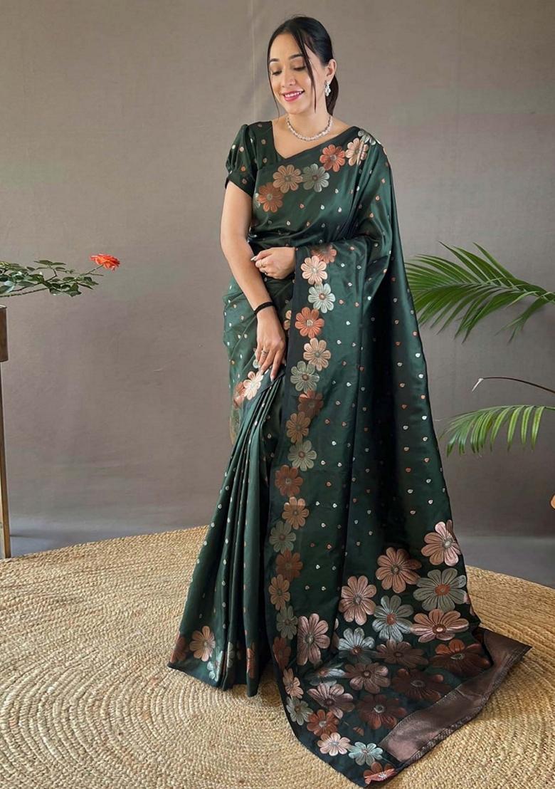 Dark Green Gold Zai Woven Banarasi Soft Silk Saree Set