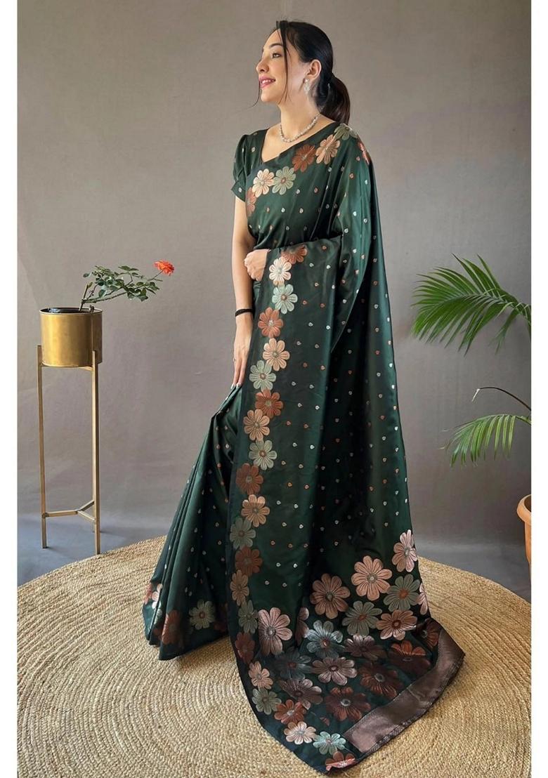 Dark Green Gold Zai Woven Banarasi Soft Silk Saree Set