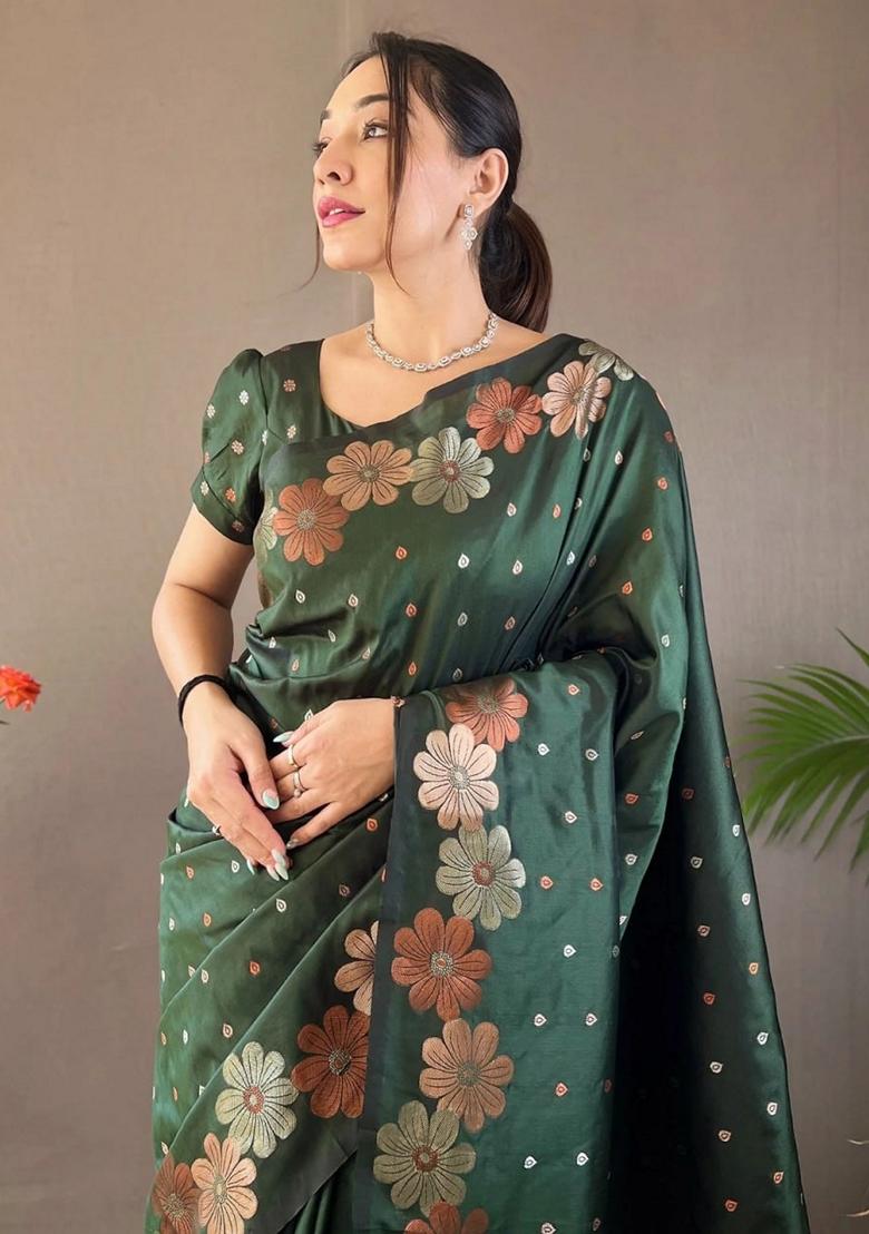 Dark Green Gold Zai Woven Banarasi Soft Silk Saree Set
