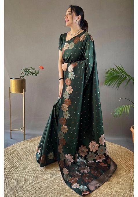 Dark Green Gold Zai Woven Banarasi Soft Silk Saree Set