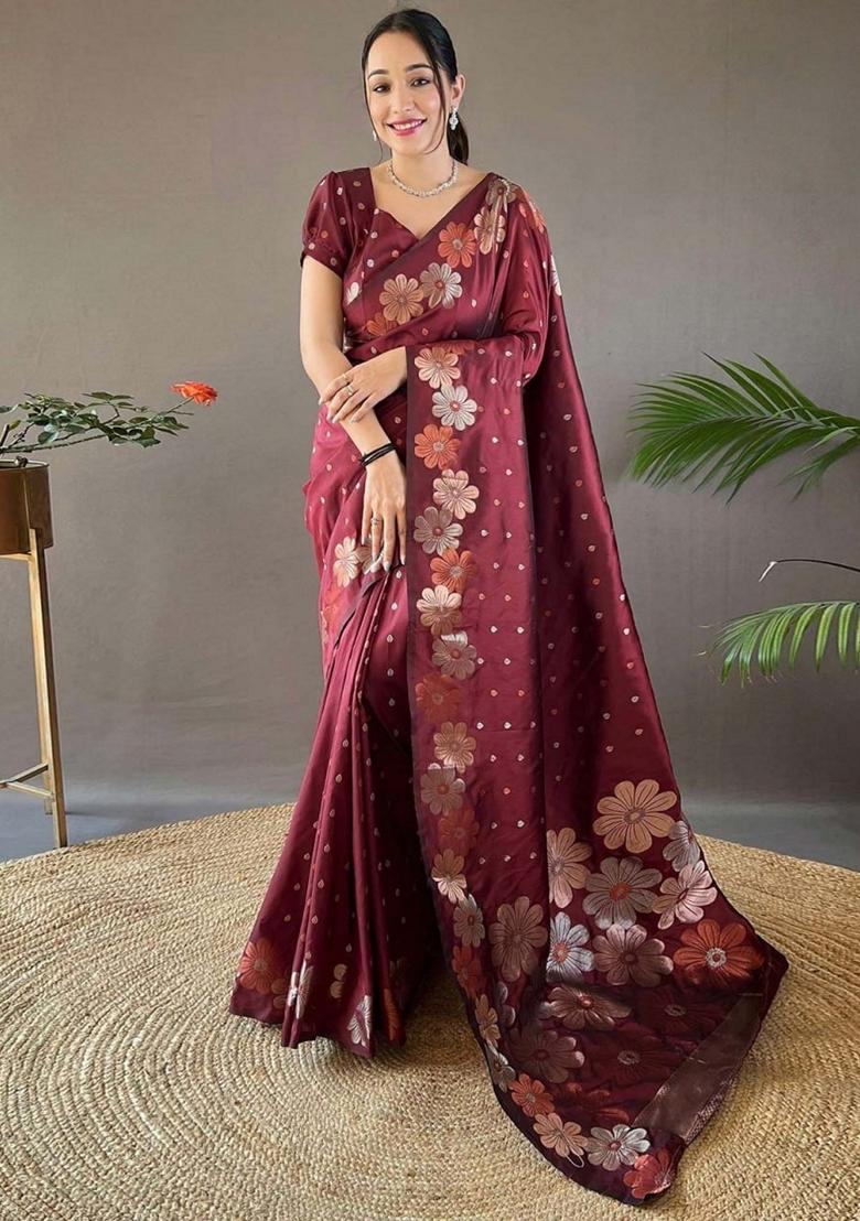Maroon Gold Zai Woven Banarasi Soft Silk Saree Set