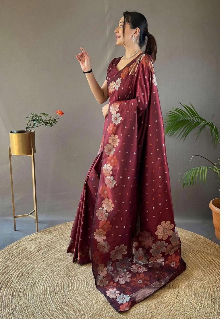 Maroon Gold Zai Woven Banarasi Soft Silk Saree Set