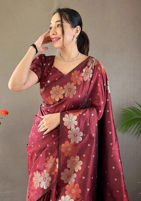 Maroon Gold Zai Woven Banarasi Soft Silk Saree Set
