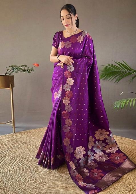 Rani Pink Gold Zai Woven Banarasi Soft Silk Saree Set