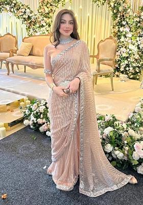 Peach Sequin Embroidered Georgette Saree Set