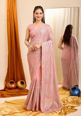 Pink Sequin Embroidered Georgette Saree Set