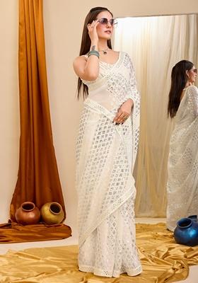 Cream And Yellow Embroidered Georgette Saree Set