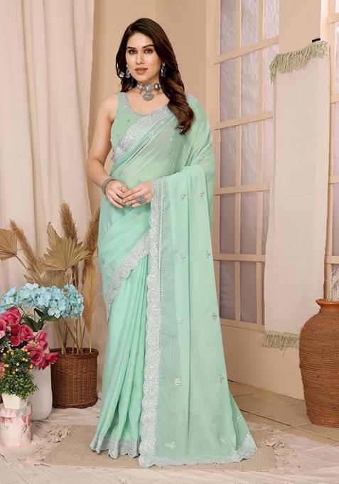 Sky Aqua Embroidered Chiffon Saree Set