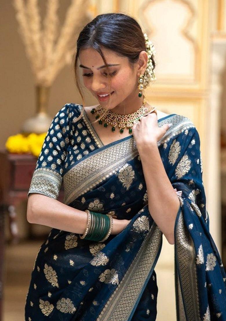 Navy Blue Jacquard Banarasi Silk Saree Set