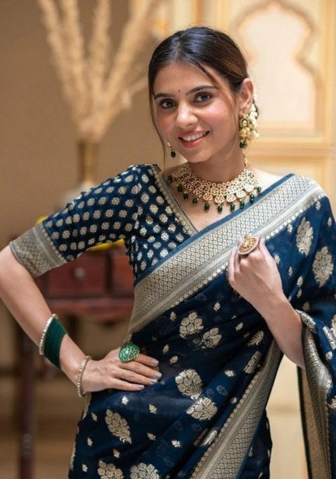 Navy Blue Jacquard Banarasi Silk Saree Set