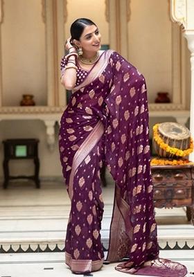 Purple Jacquard Banarasi Silk Saree Set