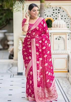 Rani Pink Jacquard Banarasi Silk Saree Set