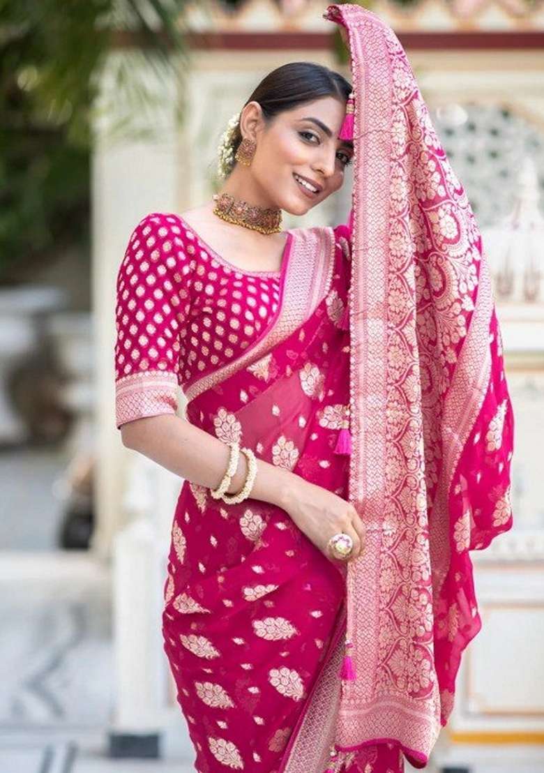 Rani Pink Jacquard Banarasi Silk Saree Set - Indya