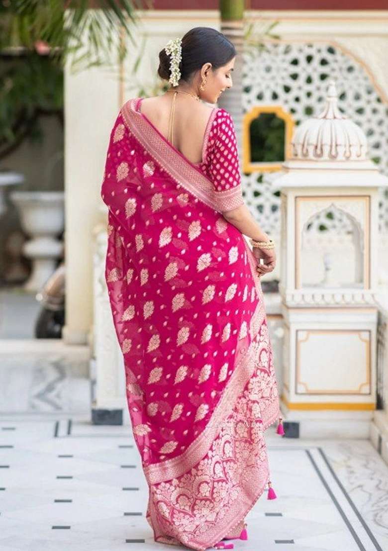 Rani Pink Jacquard Banarasi Silk Saree Set - Indya